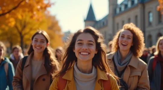 Jeunes étudiants internationaux arrivant au Québec, avec un mélange de paysages urbains et culturels du Québec en arrière-plan, illustrant le parcours d'intégration
