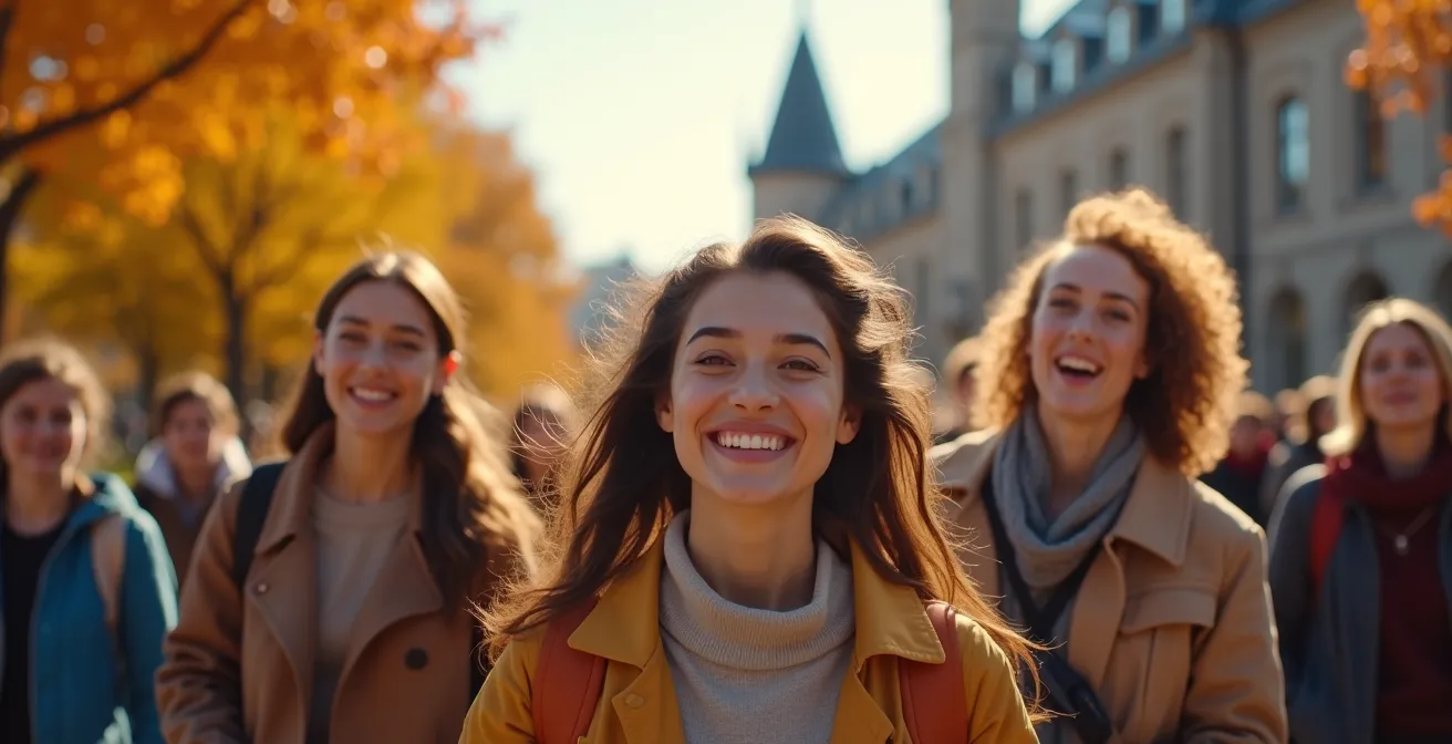 Jeunes étudiants internationaux arrivant au Québec, avec un mélange de paysages urbains et culturels du Québec en arrière-plan, illustrant le parcours d'intégration