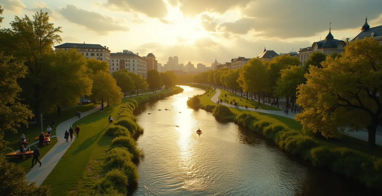 Vue panoramique d'une ville québécoise où se mêlent nature luxuriante, espaces verts et vie urbaine dynamique représentant la qualité de vie exceptionnelle