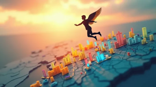 Une illustration symbolique montrant un professionnel dynamique déployant ses ailes au-dessus de la carte du Québec avec des icônes représentant divers secteurs d'opportunités professionnelles dans un style moderne et inspirant.