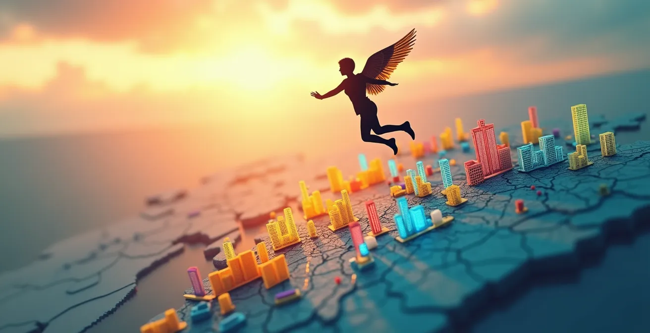 Une illustration symbolique montrant un professionnel dynamique déployant ses ailes au-dessus de la carte du Québec avec des icônes représentant divers secteurs d'opportunités professionnelles dans un style moderne et inspirant.