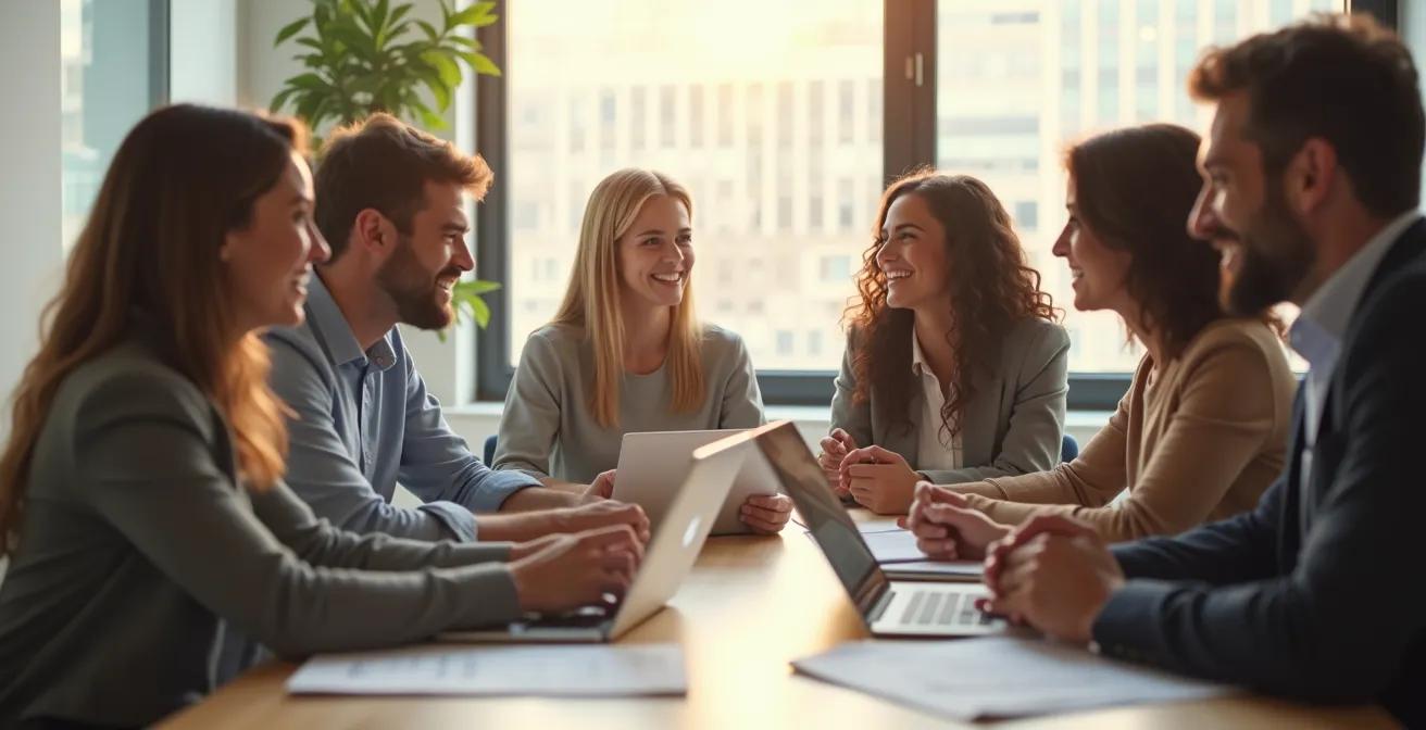 Illustration montrant un groupe diversifié d'employés collaborant harmonieusement dans un environnement de travail moderne et lumineux au Québec.