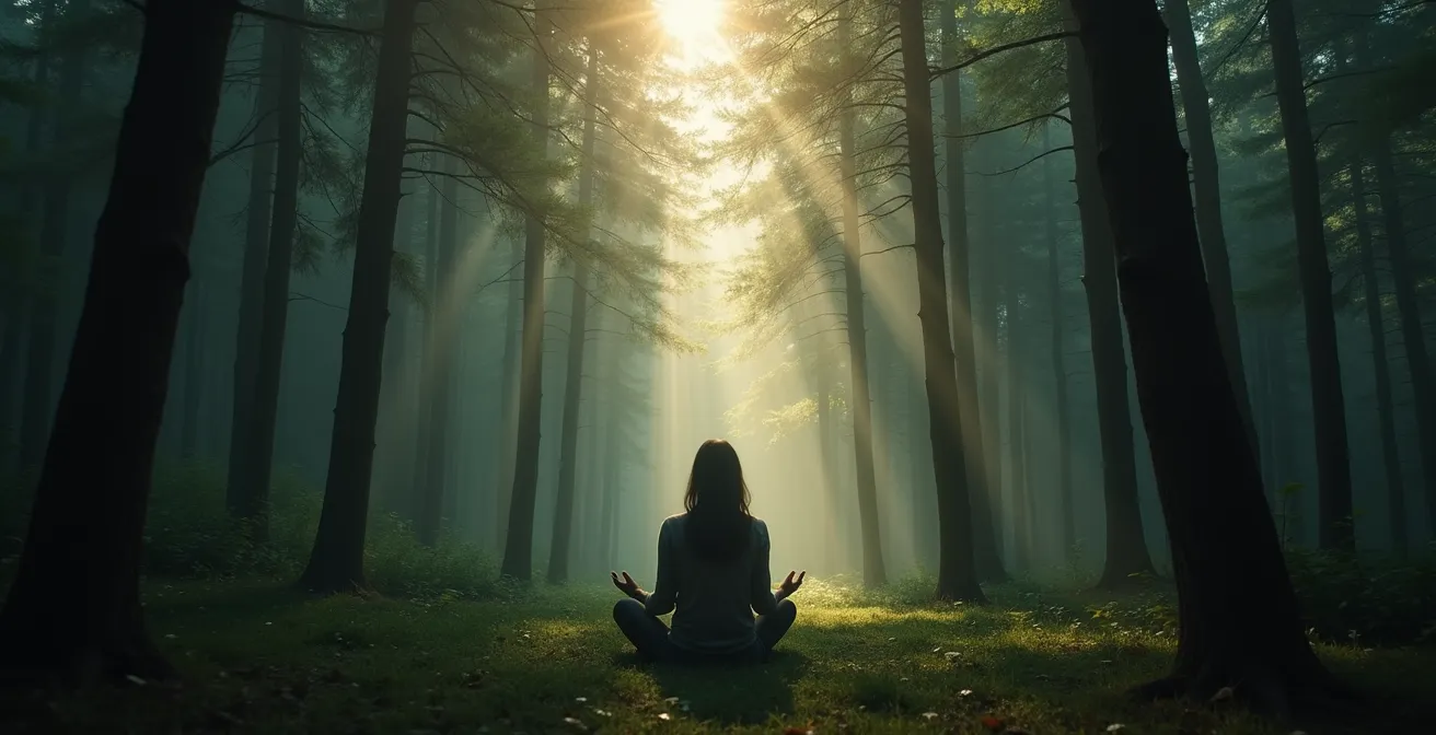 Personne pratiquant un bain de forêt dans une forêt dense et paisible du Québec, lumière douce filtrée