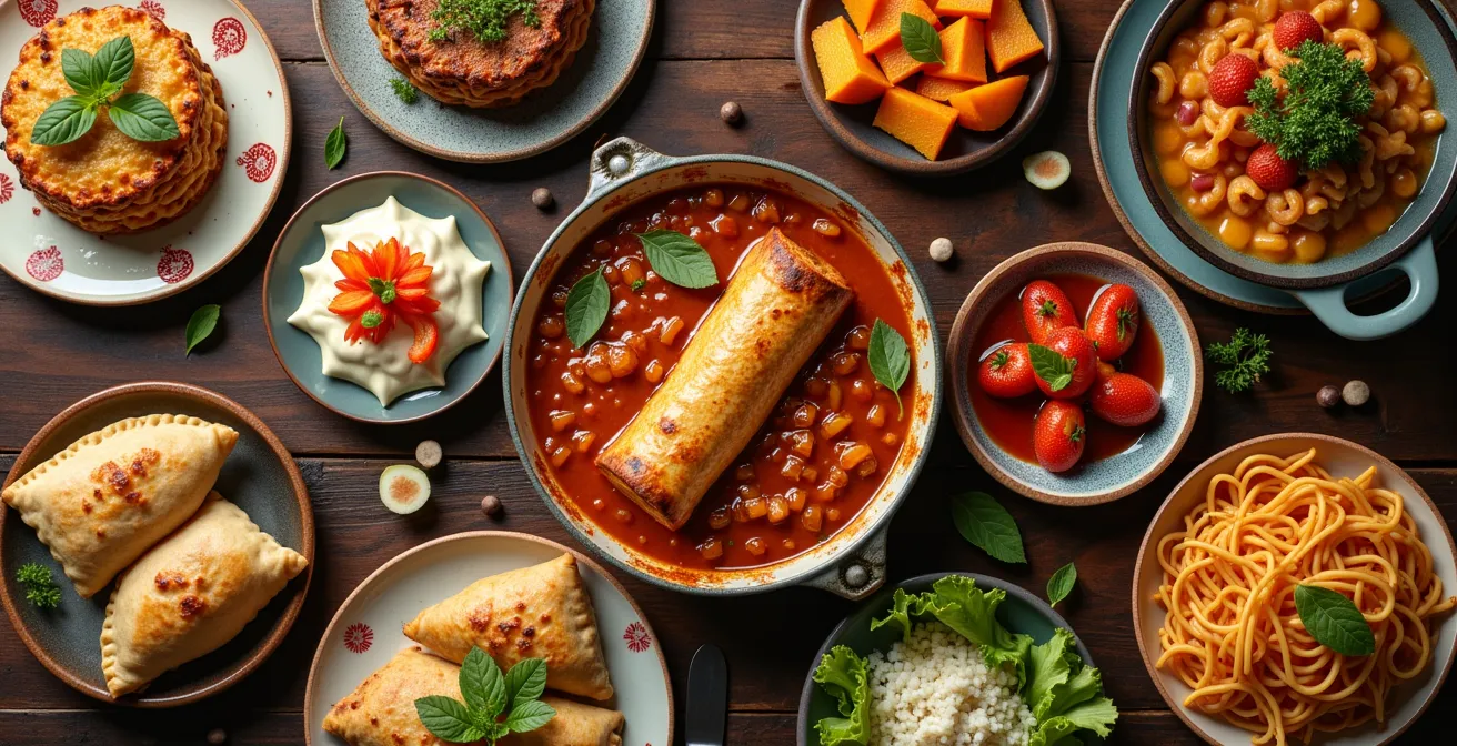 Assortiment coloré de plats traditionnels québécois et internationaux illustrant le métissage culinaire
