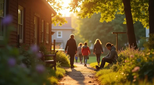 Une scène symbolique représentant la culture québécoise avec des gens joyeux en communauté, nature omniprésente, et éléments de créativité folklorique
