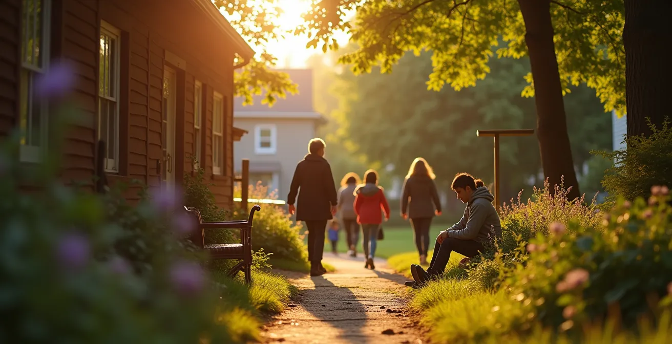 Une scène symbolique représentant la culture québécoise avec des gens joyeux en communauté, nature omniprésente, et éléments de créativité folklorique