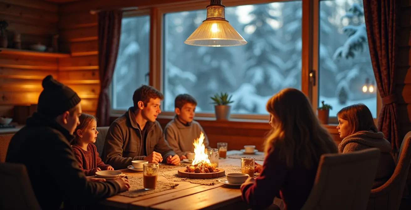Illustration d’une famille québécoise dans un chalet en pleine nature, intégrant les traditions culturelles du temps libre hivernal