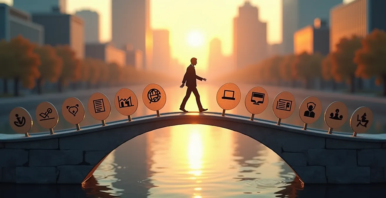 Illustration conceptuelle représentant un pont symbolique entre un professionnel étranger et le Québec, avec des icônes de certifications, réseaux et expériences pratiques.