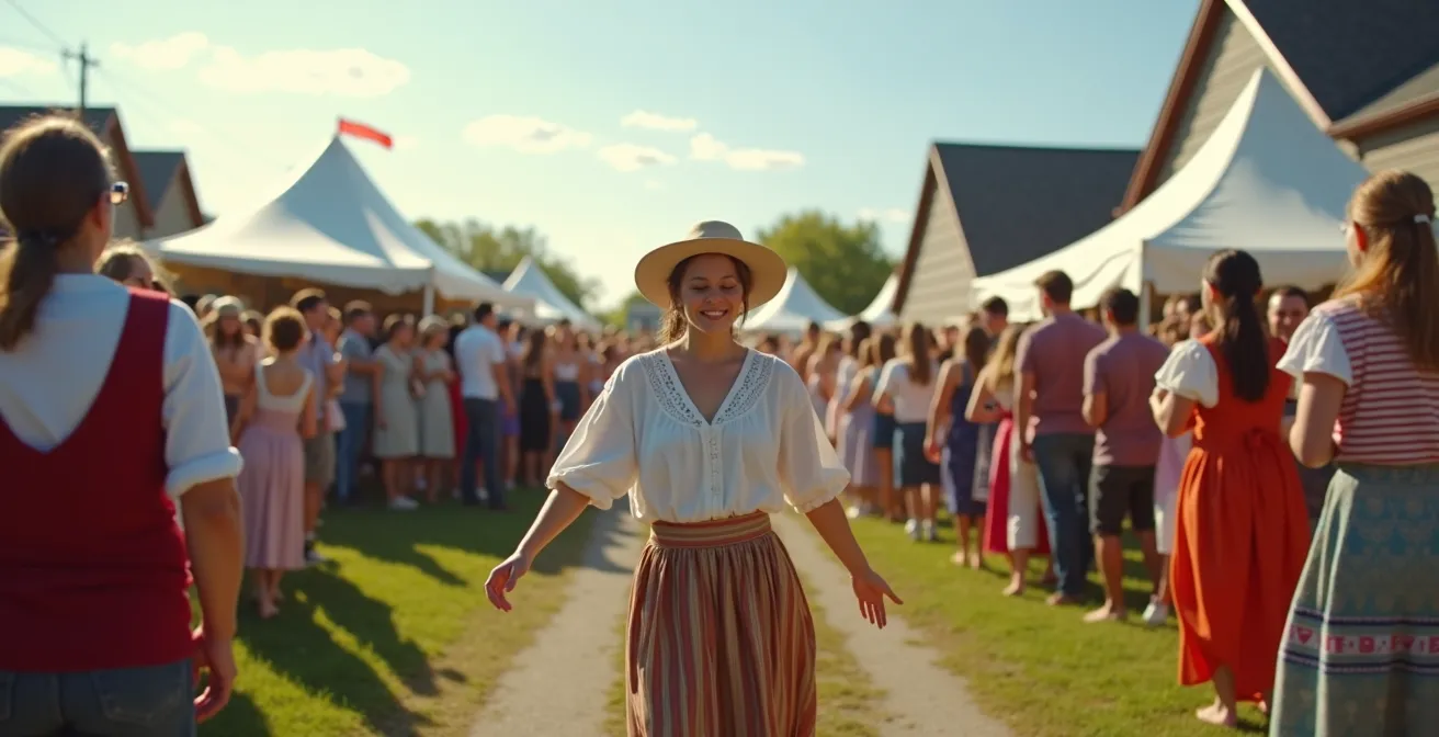 Scène de village québécois rural animé avec un festival multiculturel en plein air