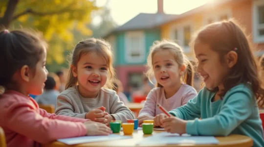 Enfants heureux jouant et apprenant ensemble dans une école primaire colorée au Québec