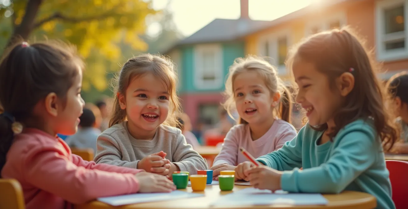 Enfants heureux jouant et apprenant ensemble dans une école primaire colorée au Québec