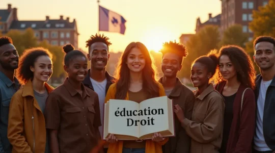 Illustration symbolique représentant l'éducation comme un droit fondamental accessible à tous, avec des étudiants de divers horizons entourant un livre ouvert sous un drapeau québécois.