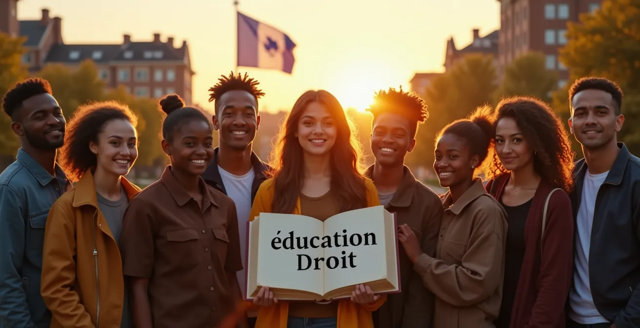 Illustration symbolique représentant l'éducation comme un droit fondamental accessible à tous, avec des étudiants de divers horizons entourant un livre ouvert sous un drapeau québécois.