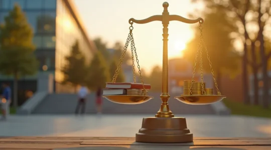 Image symbolique représentant l'éducation au Québec, avec une balance entre accessibilité financière et excellence académique, montrant des étudiants heureux dans un environnement moderne et accueillant