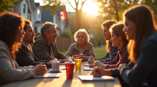 Citoyens québécois de différents âges engagés activement dans leur quartier, discutant lors d'une réunion communautaire en plein air avec des symboles du Québec en arrière-plan