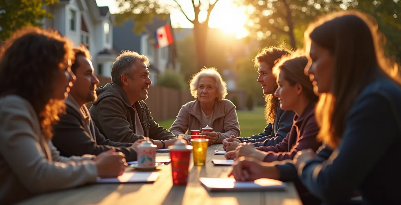 Citoyens québécois de différents âges engagés activement dans leur quartier, discutant lors d'une réunion communautaire en plein air avec des symboles du Québec en arrière-plan