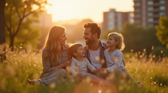 Famille québécoise heureuse et épanouie équilibrant travail et vie familiale dans un cadre naturel et urbain