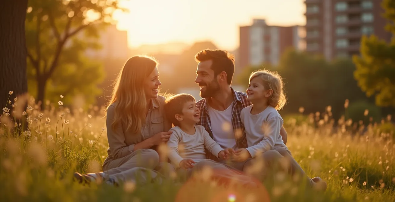 Famille québécoise heureuse et épanouie équilibrant travail et vie familiale dans un cadre naturel et urbain