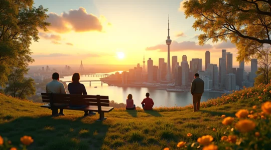 Paysage combinant la modernité urbaine de Montréal avec des éléments naturels et des symboles culturels québécois