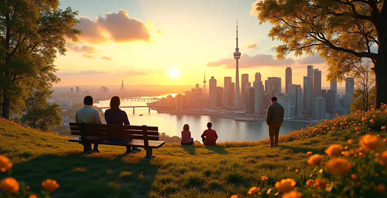 Paysage combinant la modernité urbaine de Montréal avec des éléments naturels et des symboles culturels québécois