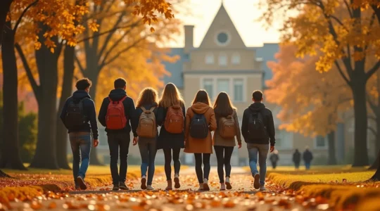 Étudiants sur un campus québécois en automne, entre diversité culturelle, monuments universitaires et ambiance chaleureuse.