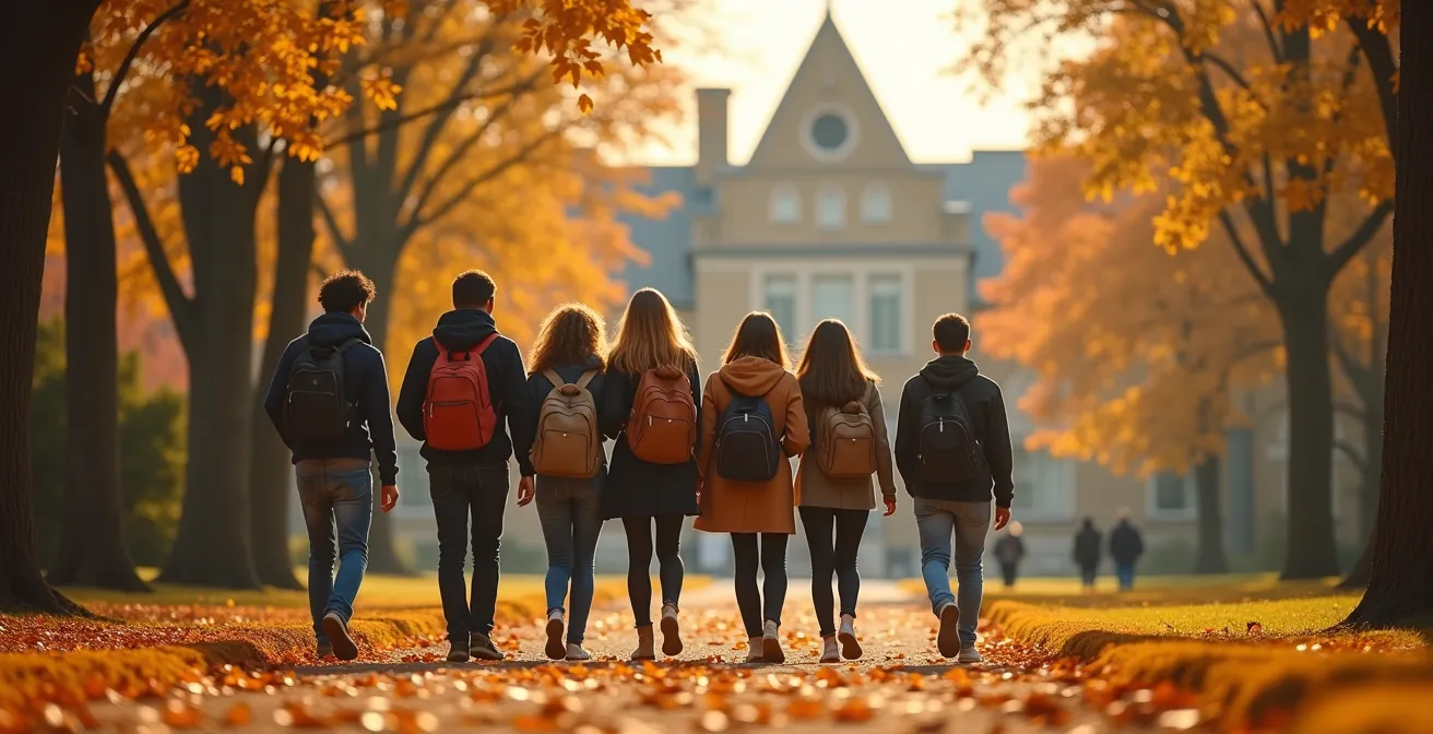 Étudiants sur un campus québécois en automne, entre diversité culturelle, monuments universitaires et ambiance chaleureuse.