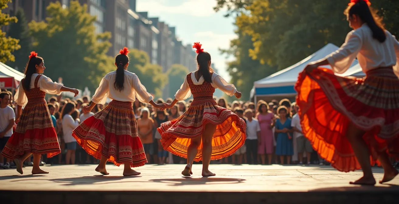 Scène de festival extérieur avec danseurs en costumes traditionnels et public diversifié à Montréal