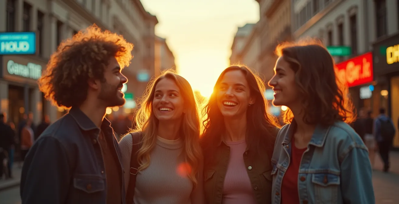 Scène urbaine montrant des jeunes québécois en conversation animée utilisant un mélange de français et d'anglais dans leurs échanges