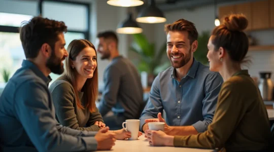Illustration montrant une ambiance de bureau québécois conviviale avec des collègues discutant autour d'une machine à café