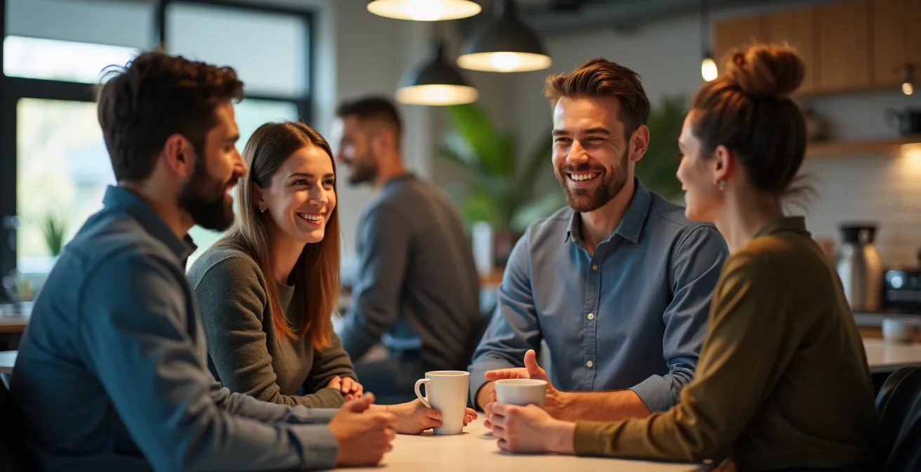 Illustration montrant une ambiance de bureau québécois conviviale avec des collègues discutant autour d'une machine à café