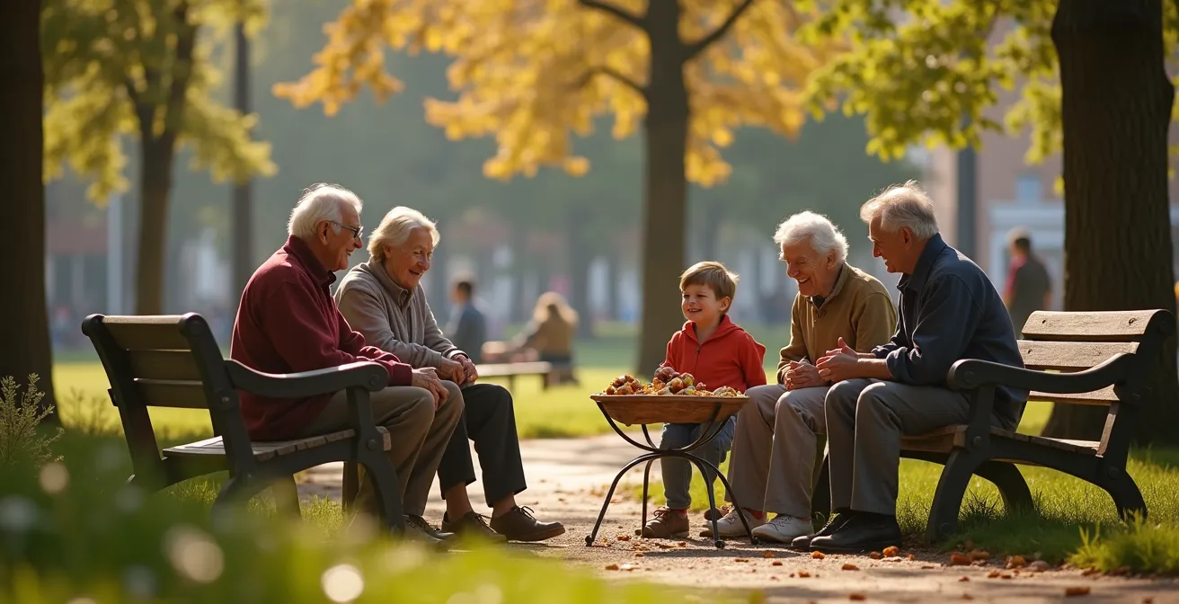 Scène intergénérationnelle avec enfants et aînés partageant un moment convivial dans un parc urbain québécois