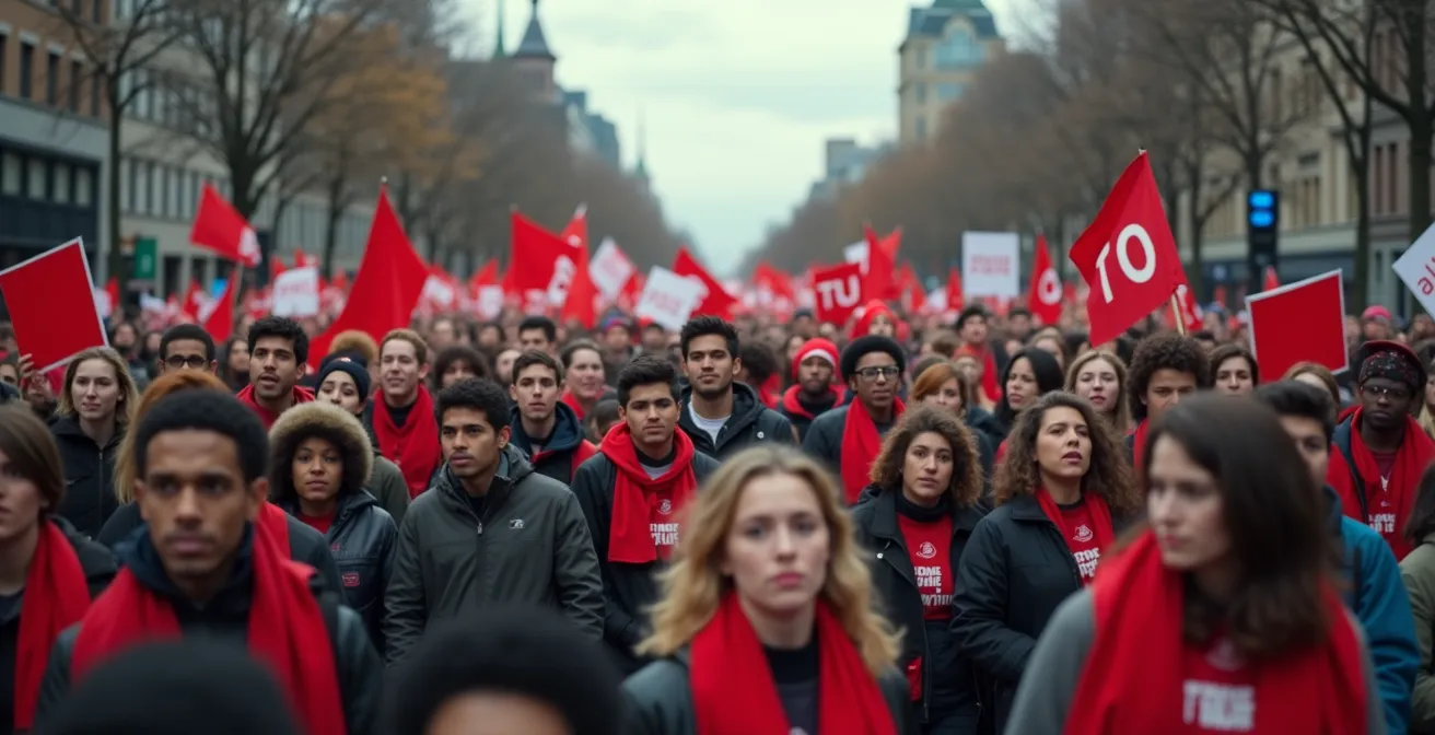 Manifestation pacifique étudiante à Montréal lors de la grève de 2012, banderoles rouges et foule solidaire.