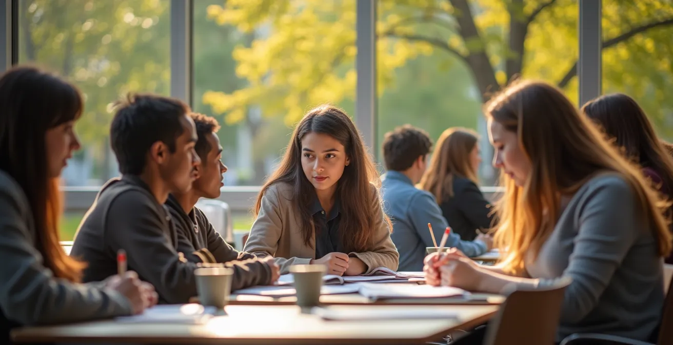 Jeunes étudiants internationaux découvrant un environnement d'apprentissage dynamique et accueillant au cégep, avec activités de groupe et échanges culturels