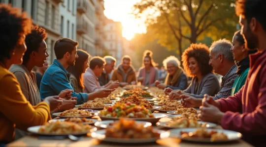 Mosaïque culturelle représentant la diversité ethnique et culinaire du Québec métissé