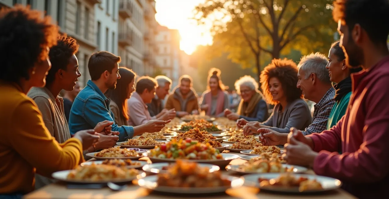 Mosaïque culturelle représentant la diversité ethnique et culinaire du Québec métissé