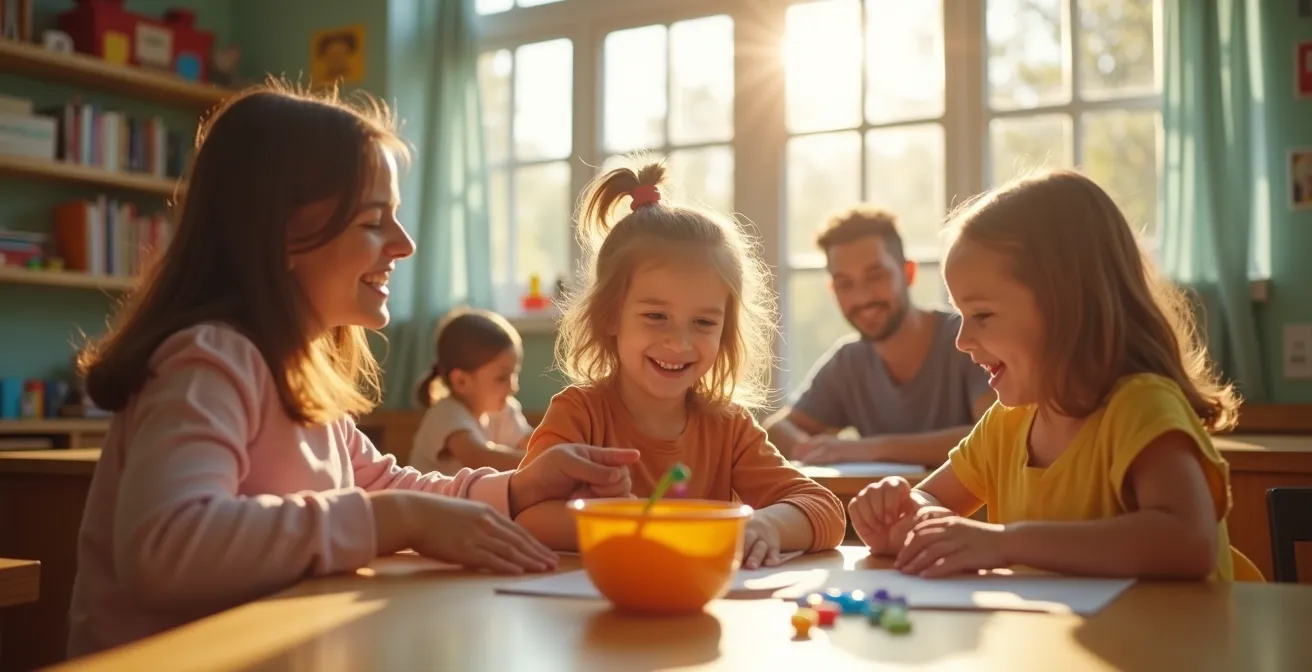Enfants en activité éducative dans un centre de la petite enfance au Québec avec des parents sereins