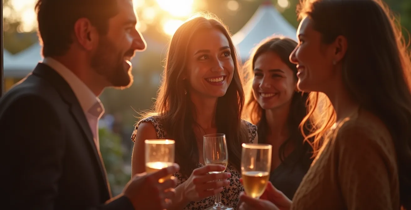 Photo d’un groupe de professionnels québécois échangeant lors d’un 5 à 7, ambiance conviviale et professionnelle