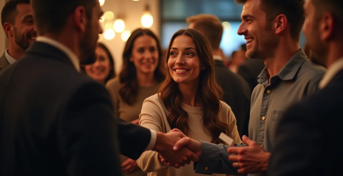 Professionnel québécois en interaction lors d'un événement de réseautage, échangeant des cartes de visite avec d'autres participants