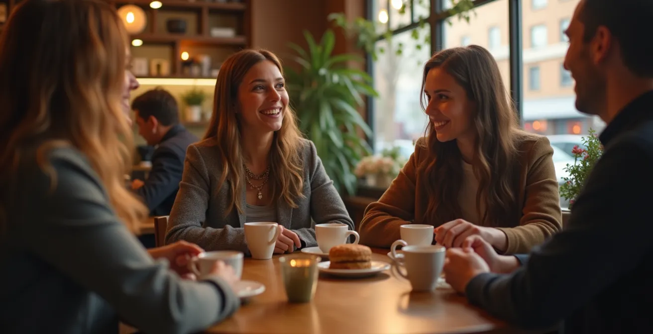 Scène montrant des personnes d'origines diverses échangeant dans un cadre informel dans un café à Québec