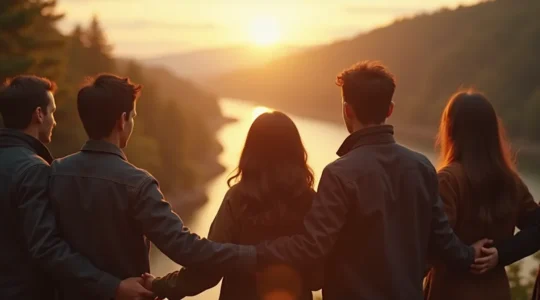 Image symbolique représentant la solidarité québécoise avec des personnes de différentes origines unies par des liens forts dans un décor urbain et naturel du Québec