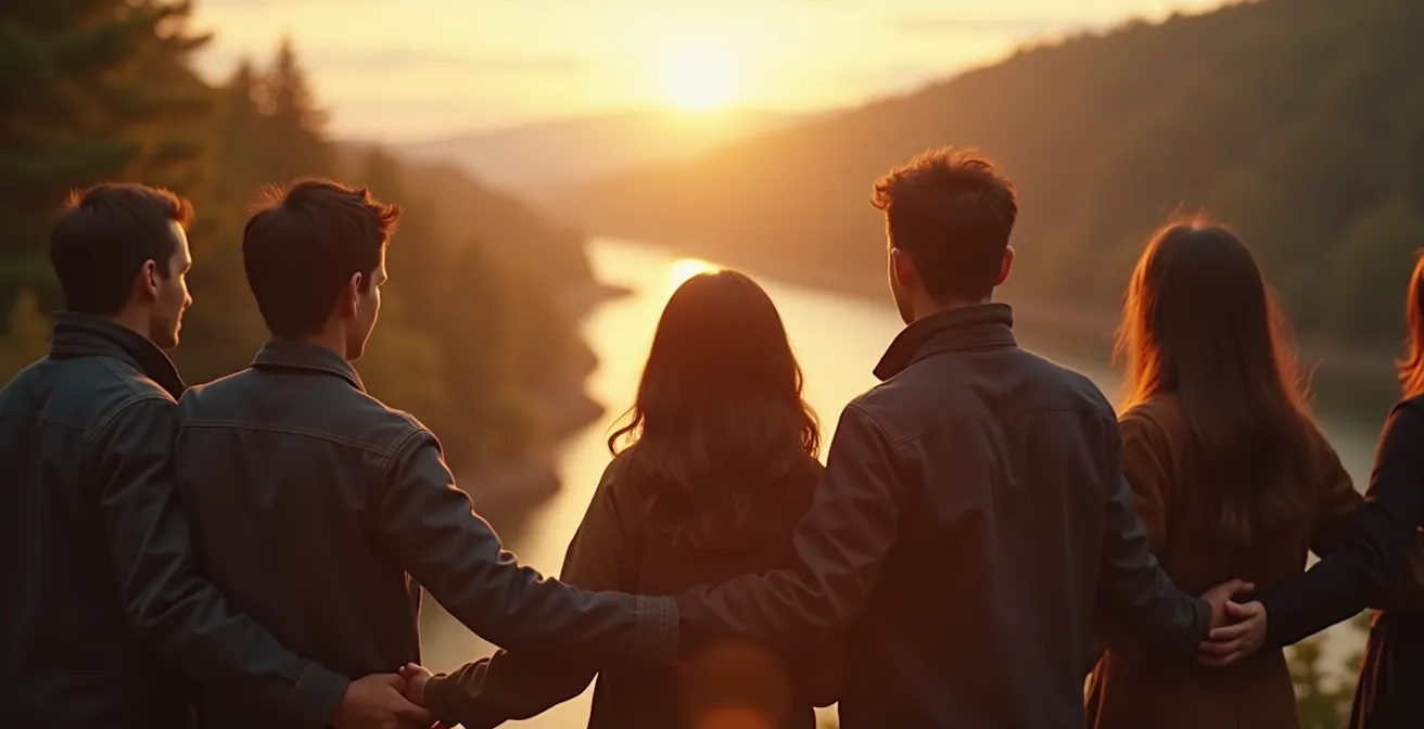 Image symbolique représentant la solidarité québécoise avec des personnes de différentes origines unies par des liens forts dans un décor urbain et naturel du Québec