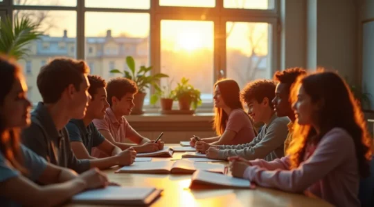 Une image symbolique représentant l'éducation québécoise comme un projet de société avec des étudiants de diverses origines dans un cadre éducatif dynamique et inclusif