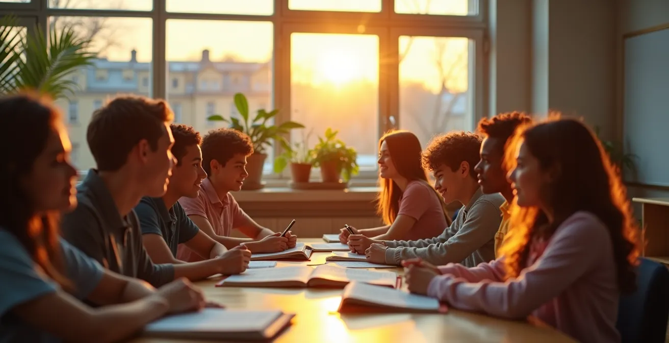 Une image symbolique représentant l'éducation québécoise comme un projet de société avec des étudiants de diverses origines dans un cadre éducatif dynamique et inclusif