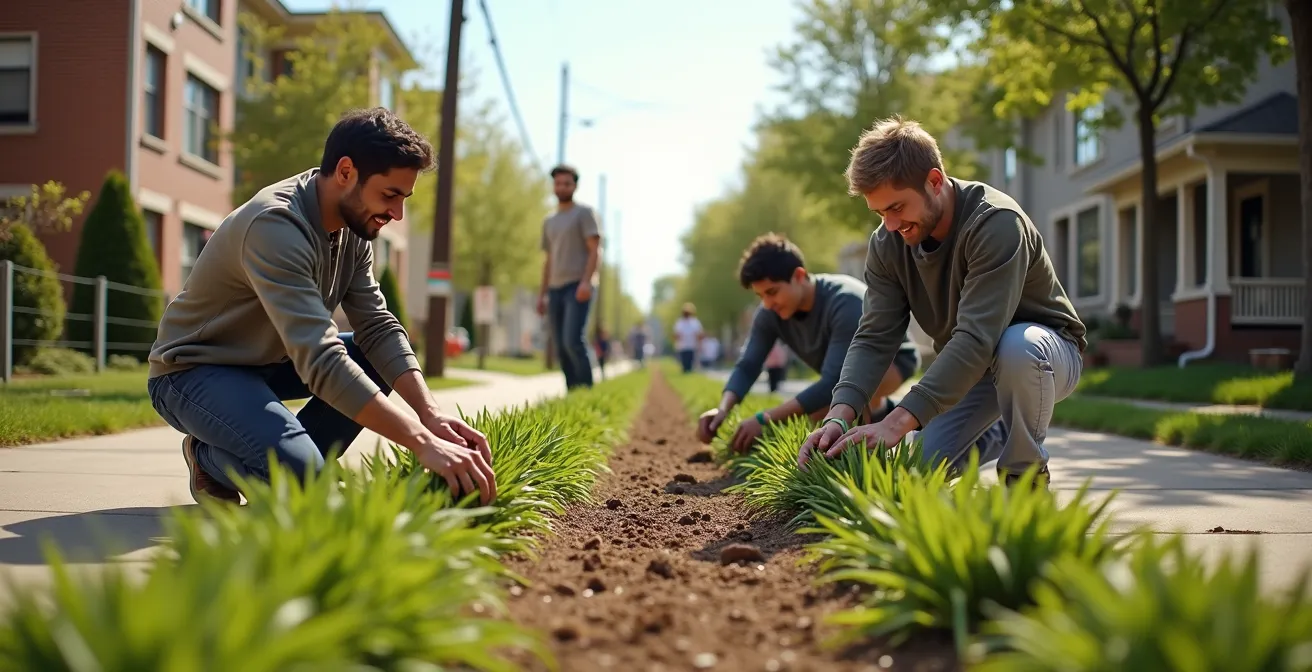 Citoyens locaux impliqués dans un projet de rénovation urbaine, montrant l'avant et l'après dans un quartier québécois avec une collaboration active