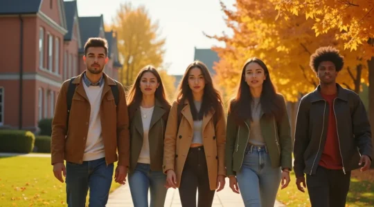 Jeunes étudiants souriants traversant un campus universitaire au Québec, sacs sur le dos, sous la lumière dorée du matin.