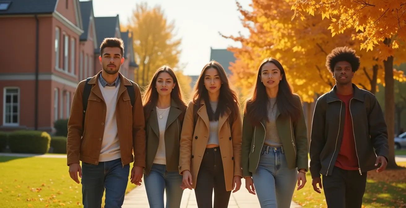 Jeunes étudiants souriants traversant un campus universitaire au Québec, sacs sur le dos, sous la lumière dorée du matin.