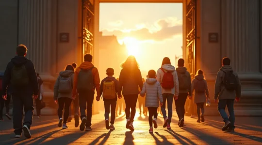 Une illustration symbolique représentant la diversité étudiante au Québec franchissant un portail lumineux symbolisant l'accès démocratisé à l'université
