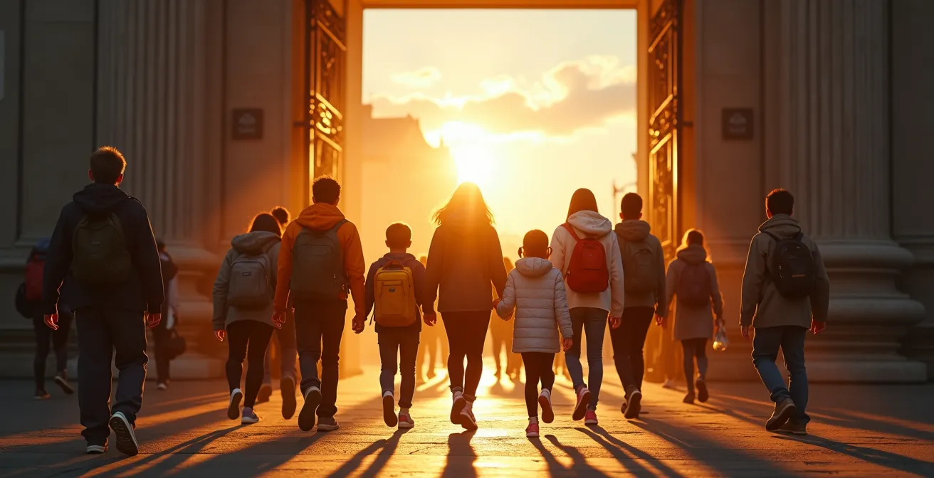 Une illustration symbolique représentant la diversité étudiante au Québec franchissant un portail lumineux symbolisant l'accès démocratisé à l'université