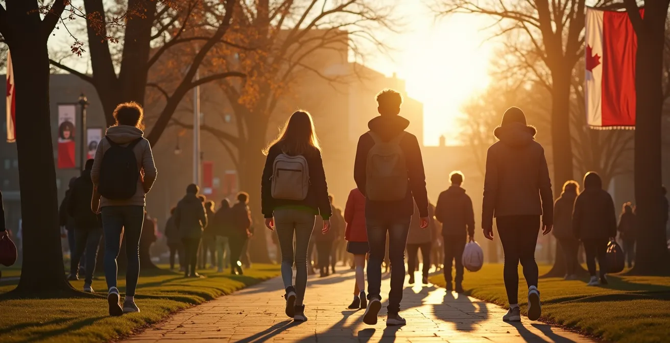 Scène d'une vie étudiante dynamique sur un campus québécois avec étudiants bilingues engagés dans diverses activités culturelles et sportives