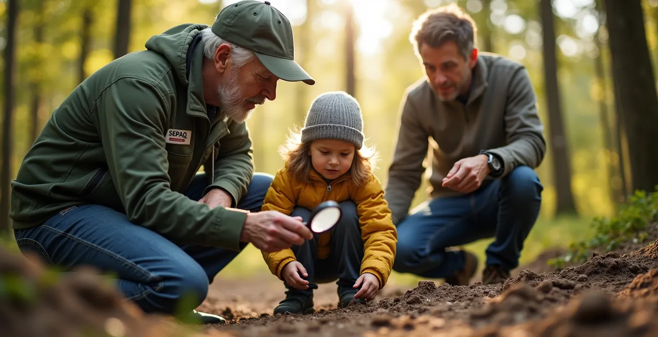 Famille participant à une activité d'interprétation guidée par un naturaliste dans un parc de la SÉPAQ